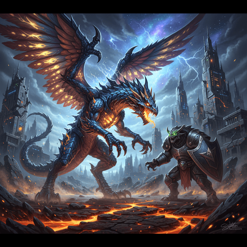 メタモンとスライムの直接対決のシミュレーションを視覚化。メタモンがドラゴンに変身し、スライムの大群と戦う様子を描写することで、記事の核心部分を表現。