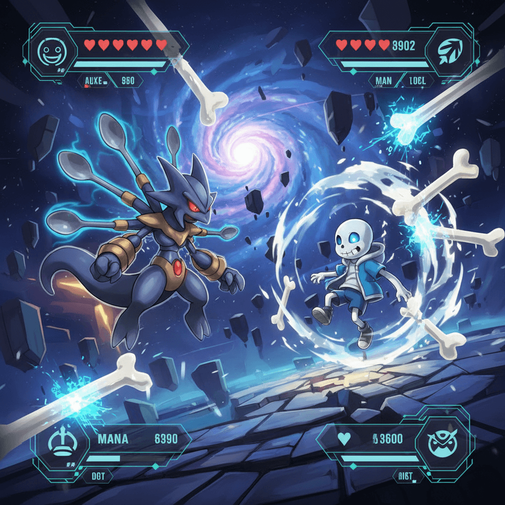 フーディンがサンズの「第四の壁」攻撃を予知し、対抗しようとするPhase 2のシーンを表現しています。コマンドウィンドウが骨で攻撃されている様子を描写することで、メタ認知バトルを強調しています。