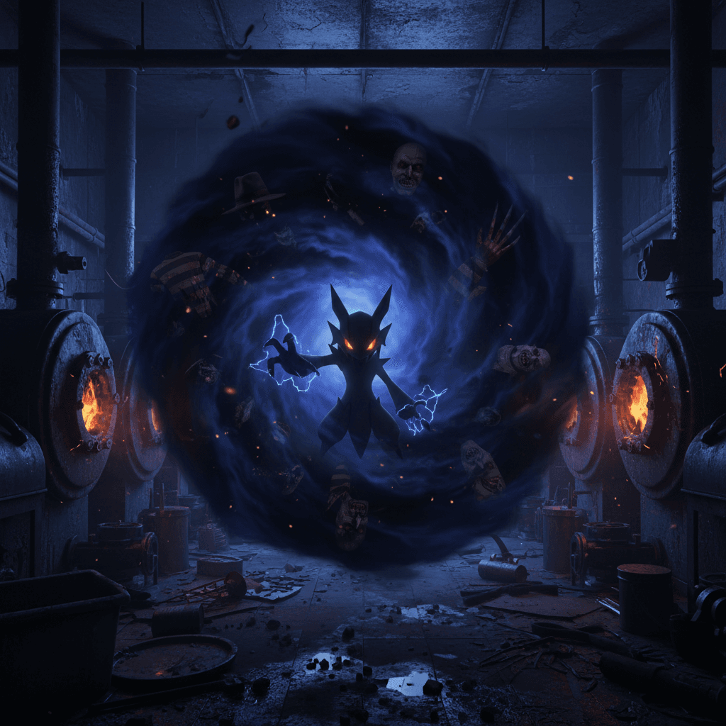 ダークライの「ダークホール」がフレディの得意なボイラー室を侵食する様子を描写し、ゲーム的なUIでダークライの優位性を示唆。