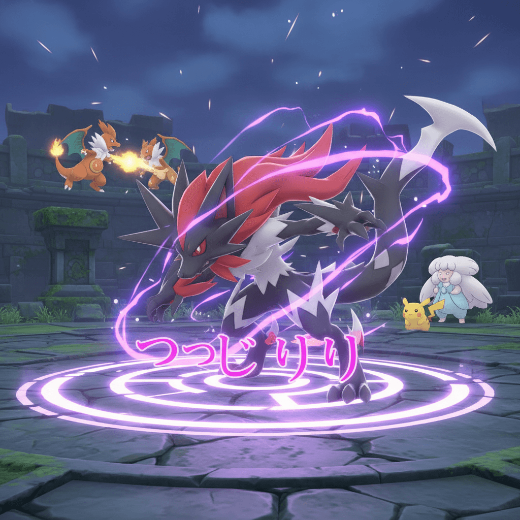 ゾロアークがポケモンユナイトで野生ポケモンに化け、敵を奇襲する様子を視覚化。記事内のMOBAでのゾロアークの戦術を表現。