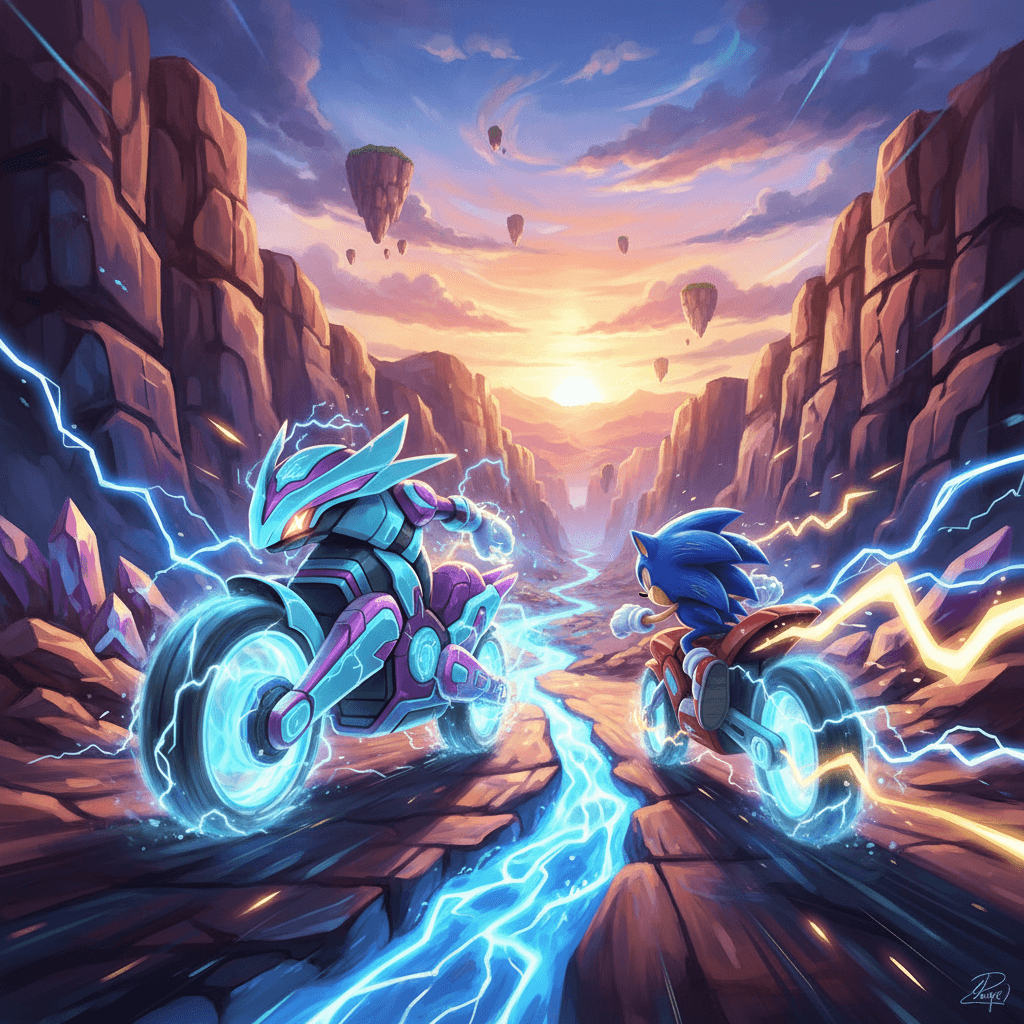 記事の核となるミライドンとソニックのレースシーンを、パルデア地方を舞台に表現しています。