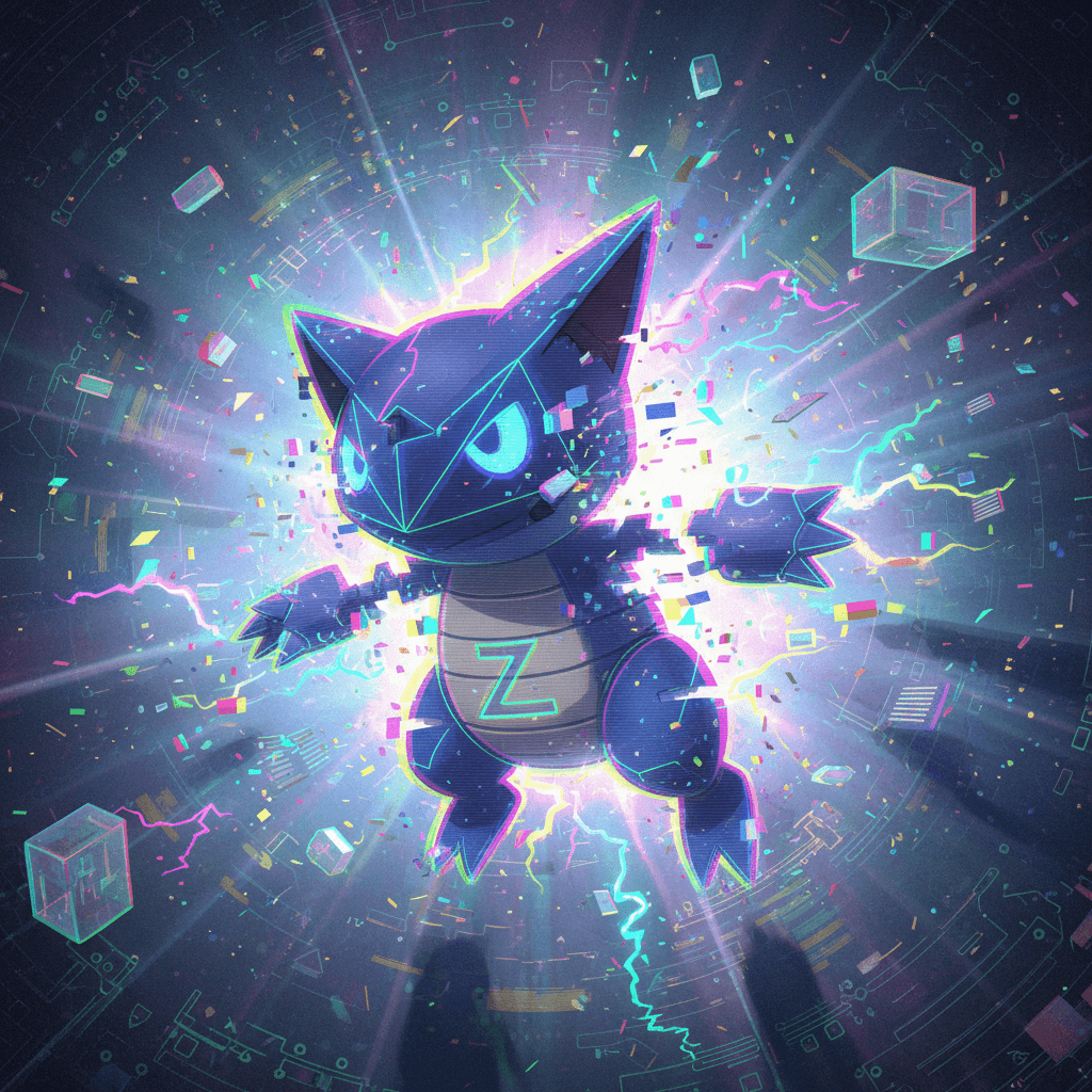 ポリゴンZの不安定な状態と電脳空間での挙動を表現しています。記事冒頭のキャラクター紹介部分と、バトルシミュレーションでのグリッチ移動をイメージ。