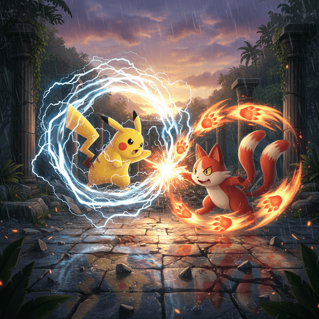 記事のタイトルを反映し、ピカチュウとジバニャンの必殺技がぶつかり合う様子をNintendo Switchの画面上で表現しています。