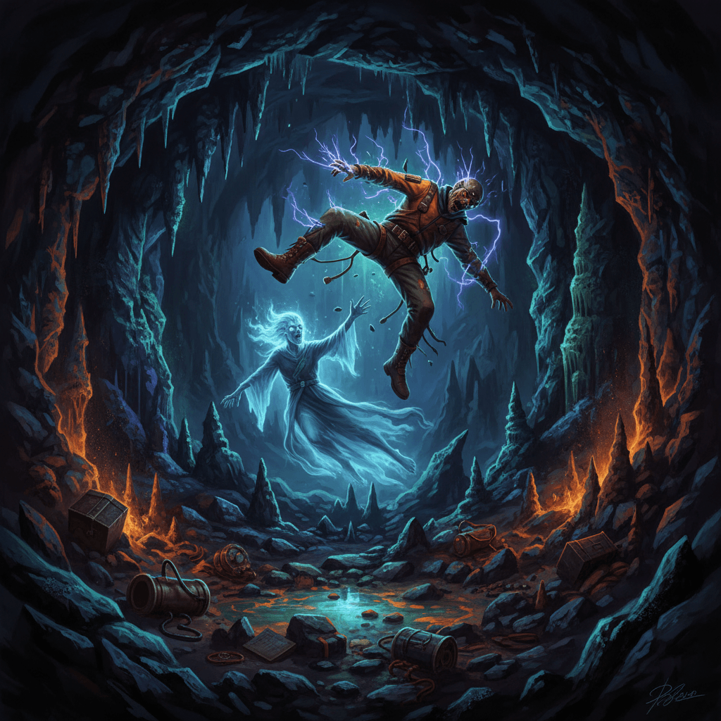 スペランカーの「段差＝死」という理不尽さを強調し、ゲームオーバーの瞬間をコミカルに表現。