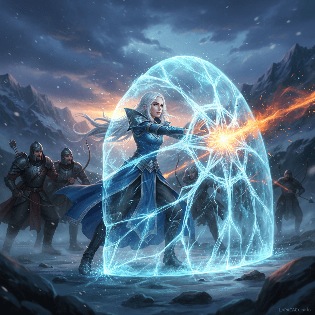 ラプラスの魔法防御の高さを表現。巨大ボスが魔法攻撃を放ち、ラプラスが氷の壁で味方を守るシーンを視覚化し、記事の「ラプラス（氷の壁）」セクションと「ボス戦」セクションを反映しています。