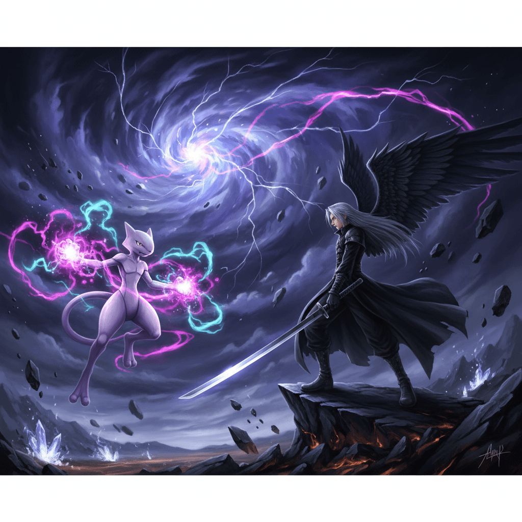 ミュウツーとセフィロスの対決シーンを表現し、それぞれの能力と背景を強調。スマブラSPのスタジアムを背景に、二人の宿命的な対決を視覚化しています。