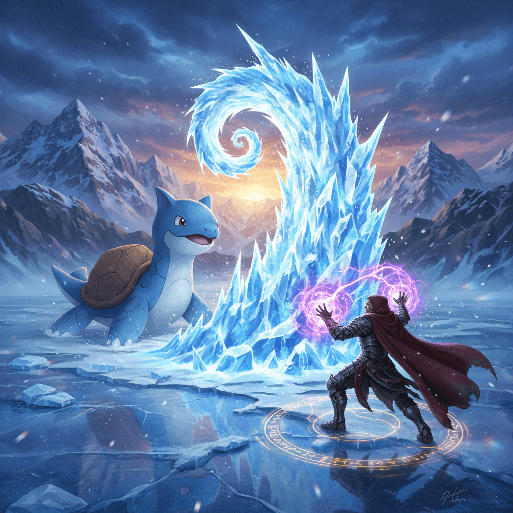 記事のタイトルと主要な対比要素（ラプラスの氷壁と土壁）を表現。ラプラスというポケモン名を使用。スキルの発動シーンを描写し、魔法エネルギーと質感の対比を強調。