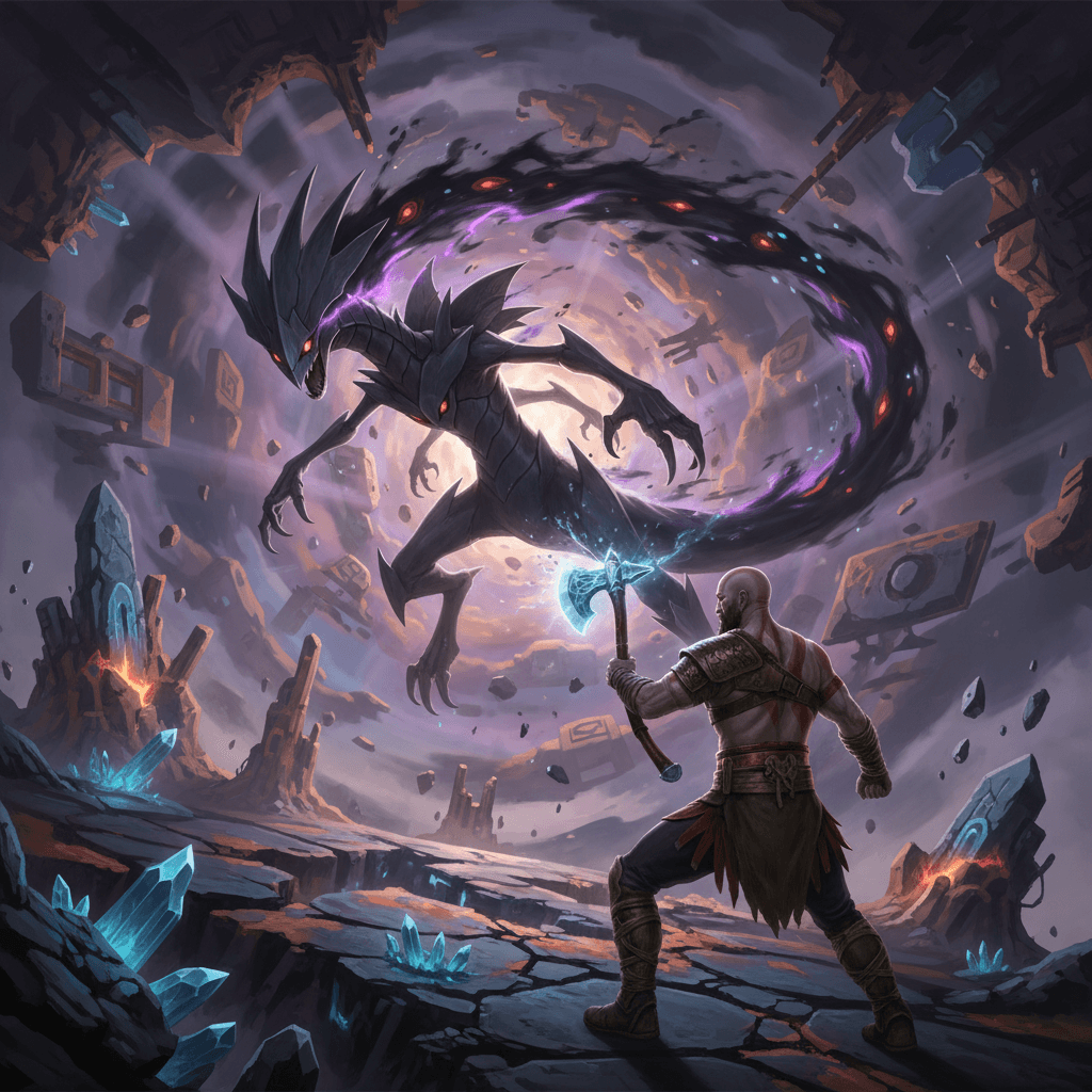 記事の舞台である「破れた世界」でのギラティナとクレイトスの空中戦のイメージ。ギラティナのシャドーダイブとクレイトスの防御を表現しています。