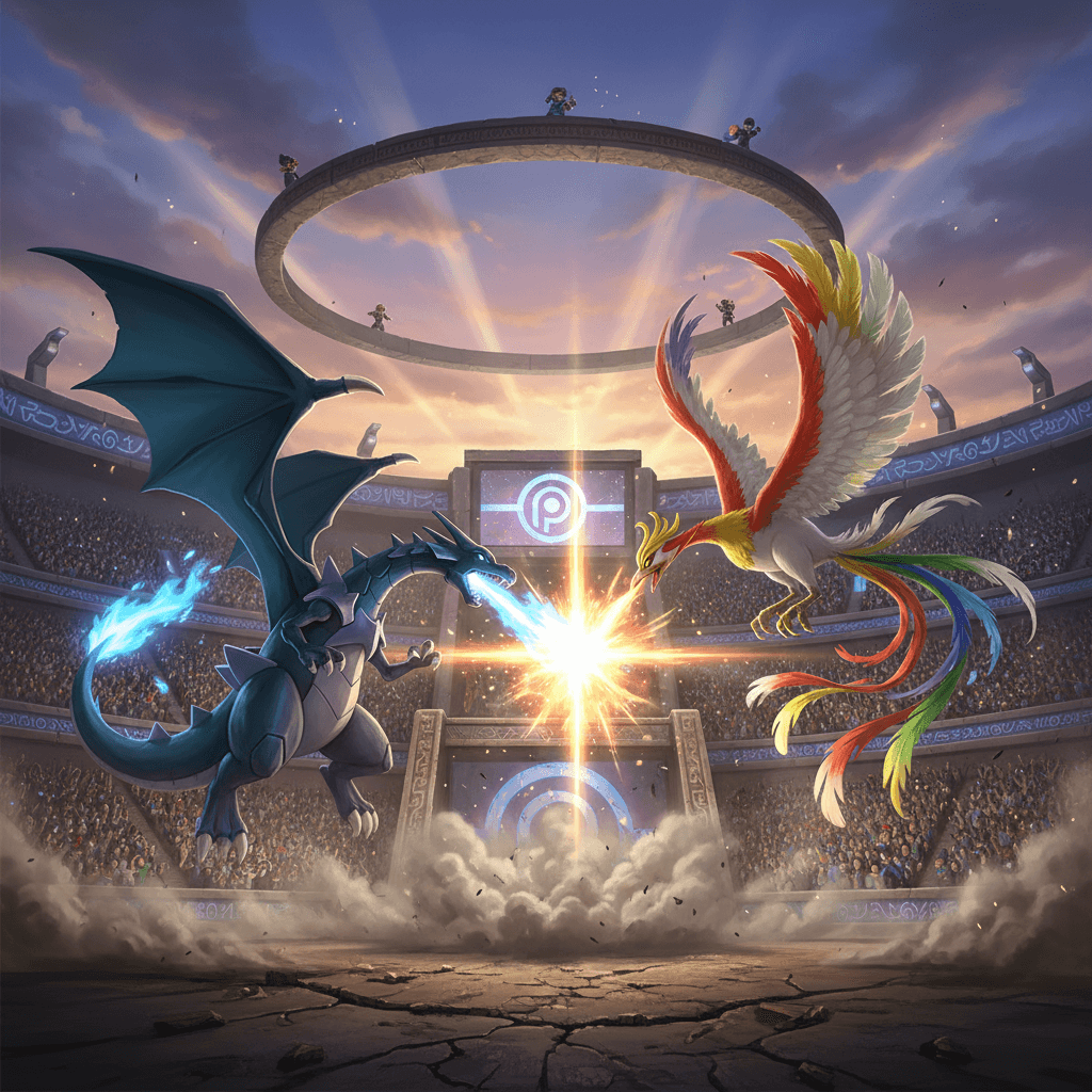 リザードンとホウオウのメイン対決シーンを、メガシンカ形態のリザードンを用いて視覚化しています。競技シーンを意識した描写。