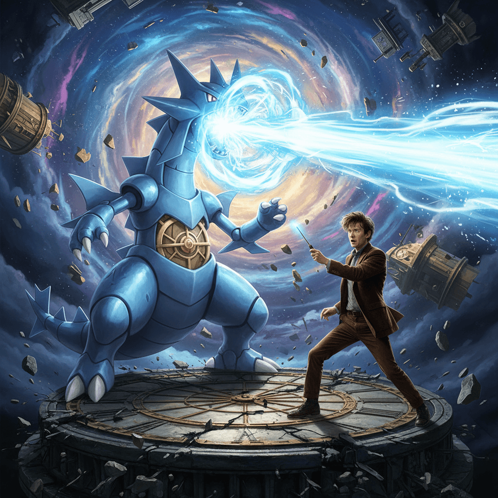 ディアルガとドクター・フーがゲームの世界で対決している様子を描写。それぞれの代表的な技やアイテムを明示し、ゲーミング対決であることを強調。