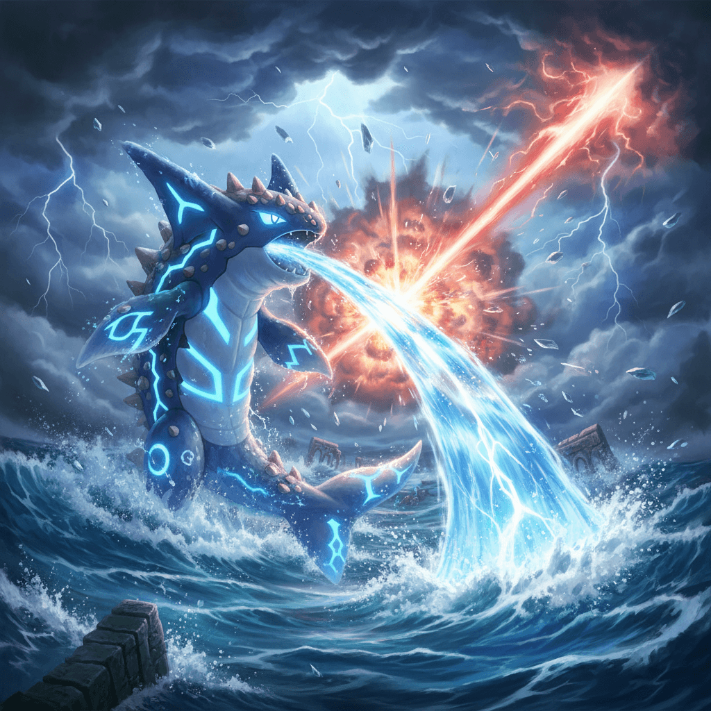 ゲンシカイオーガとポセイドンが互いの必殺技をぶつけ合う、ラウンド3のクライマックスシーンを表現しています。ポケモン名を明記。