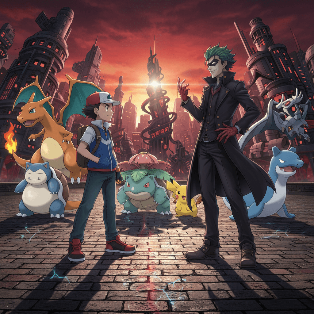 レッドの固定されたポケモンチームと、ジョーカーの多様なペルソナを対比させ、記事全体のテーマを視覚的に表現しています。