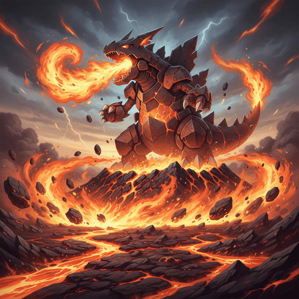 ゲンシグラードンの「おわりのだいち」のイメージを表現。マグマと熱を強調し、グラードンの力を視覚化。