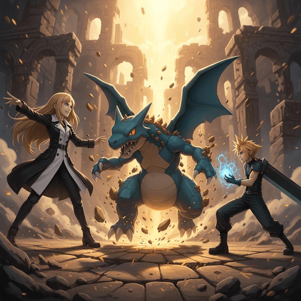 シロナとクラウドの対決シーンを、ガブリアスの「じしん」とクラウドのバスターソードを中心に表現。背景にはシンオウ地方の風景を配置し、マテリアの光で魔法の要素を強調。