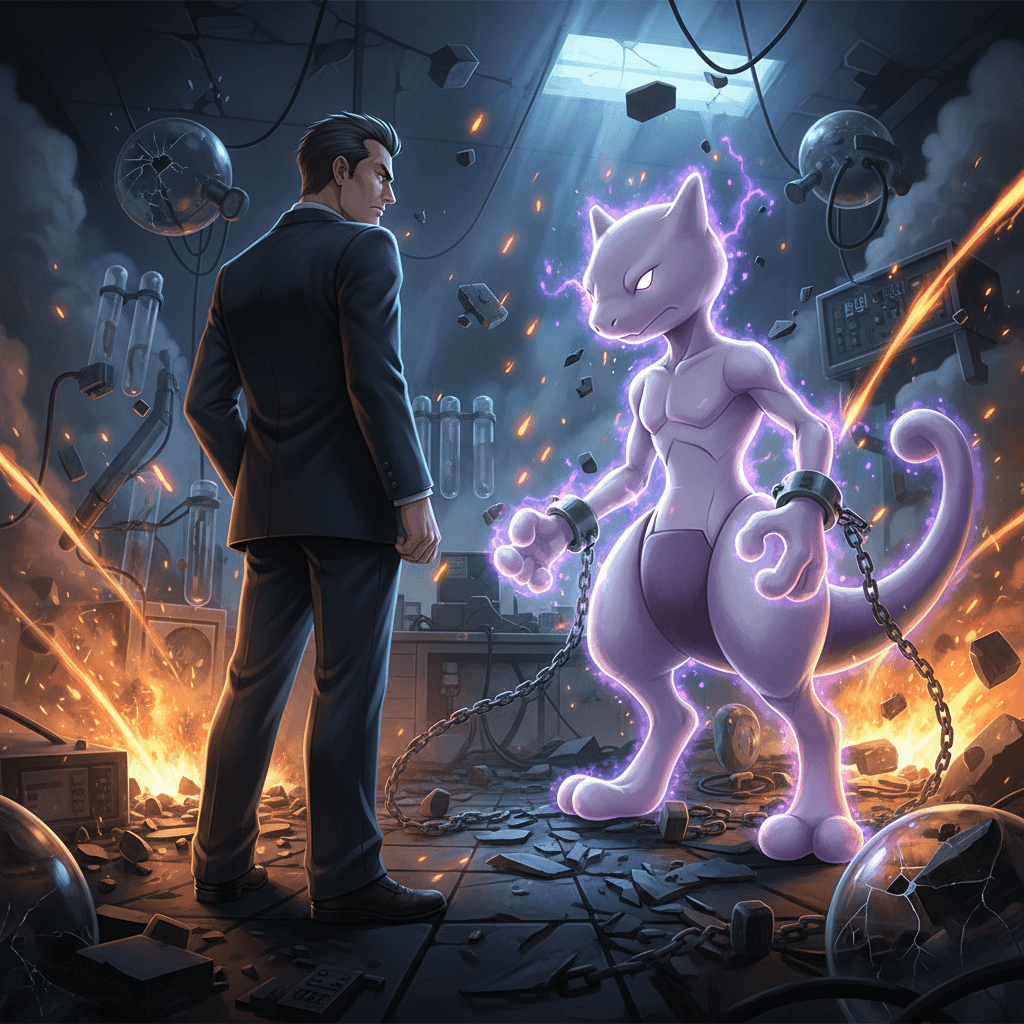 サカキがミュウツーの制御に失敗する瞬間を、初期のポケモンゲームの雰囲気を出しつつ表現します。