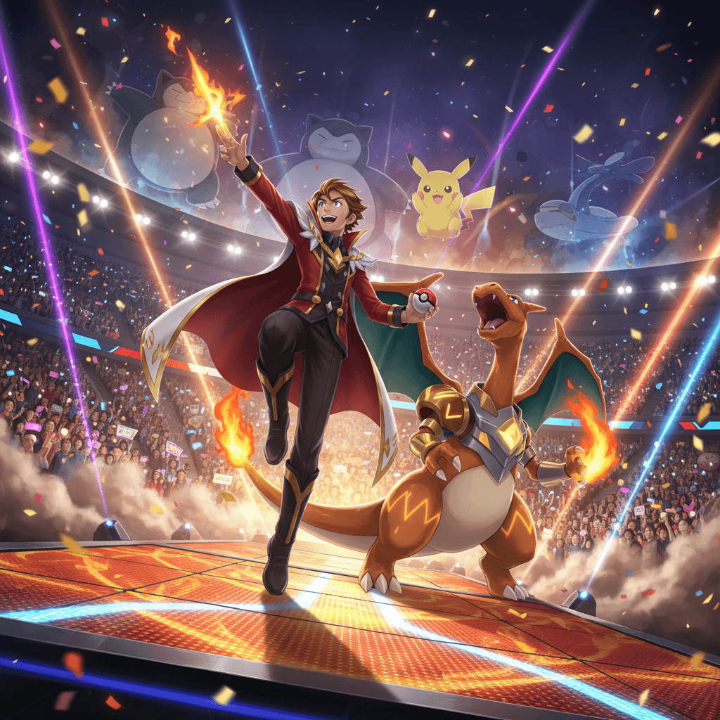 ダンデの「チャンピオンタイム」における、リザードンとの連携と観客を魅せるパフォーマンスを表現。