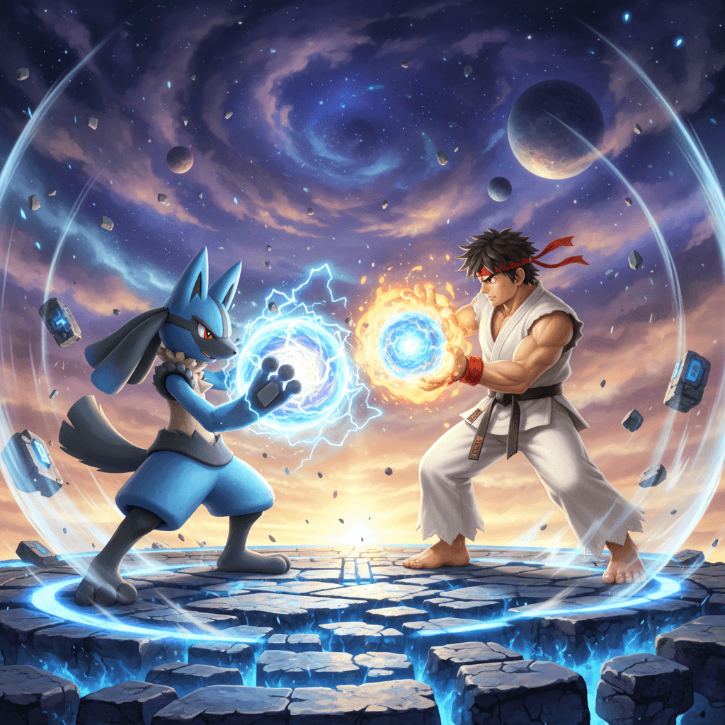 記事の冒頭にある「波動」対決を象徴的に表現。ルカリオとリュウがそれぞれの必殺技を繰り出す瞬間を描写し、記事のメインテーマを視覚的に伝えます。