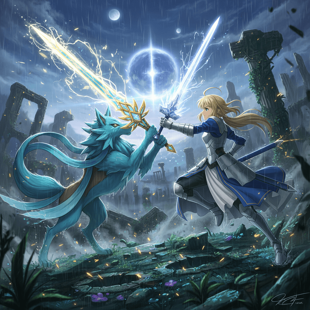 記事の核であるザシアンとアルトリアの対決シーンを、それぞれの聖剣を強調して描きます。