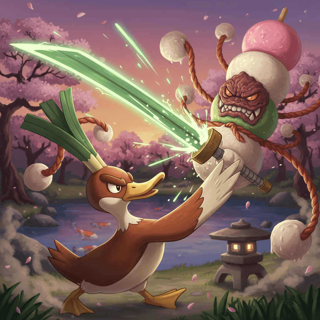 記事冒頭の「厨房という名の戦場」を表現。カモネギと団子屋の主人の対決シーンを具体的に描写します。