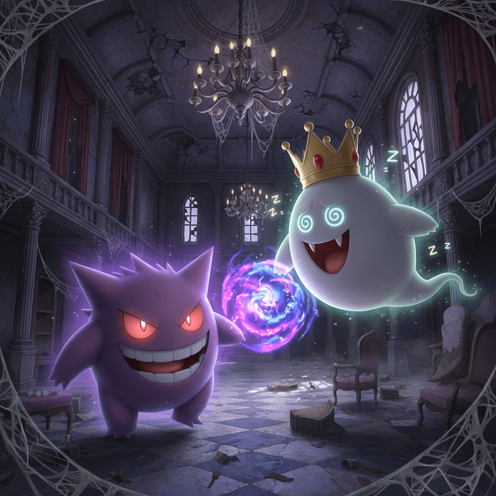 ゲンガーとキングテレサの対決シーンを、キングテレサのホームグラウンドであるお化け屋敷を舞台に描いています。Nintendo Switchコントローラーを添えることで、ゲーム記事であることを示唆します。