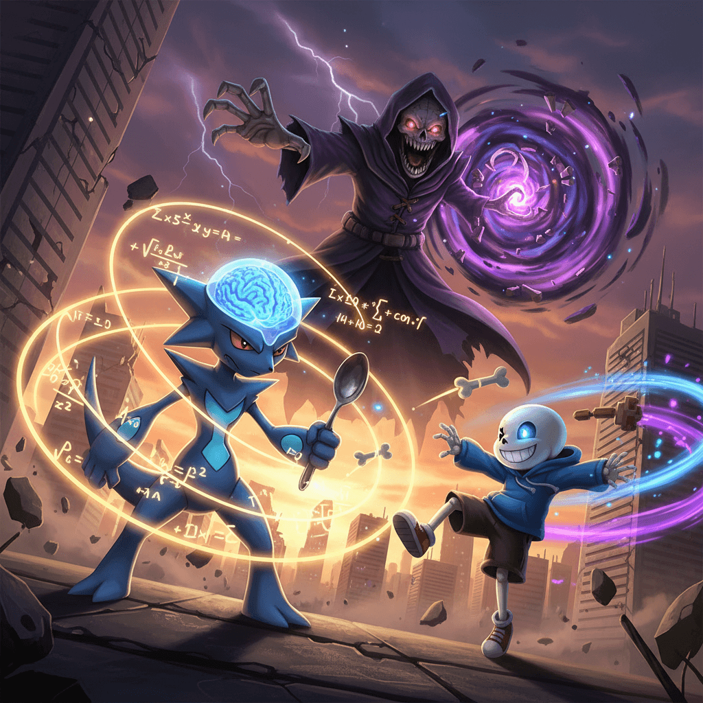 フーディンの演算能力と、サンズの回避能力の対比を描写。背景にゲーミングモニターを配置することで、ゲーム内での戦いを表現。