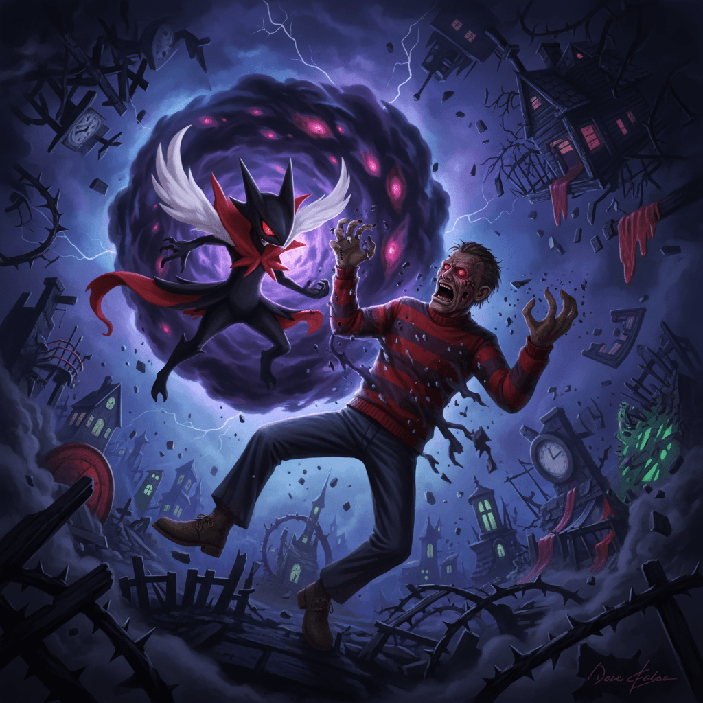 ダークライの「ダークホール」がフレディに命中し、悪夢の世界に引きずり込むシーンを表現しています。背景にはエルム街をイメージした歪んだ風景を描写し、対決の舞台設定を示唆します。