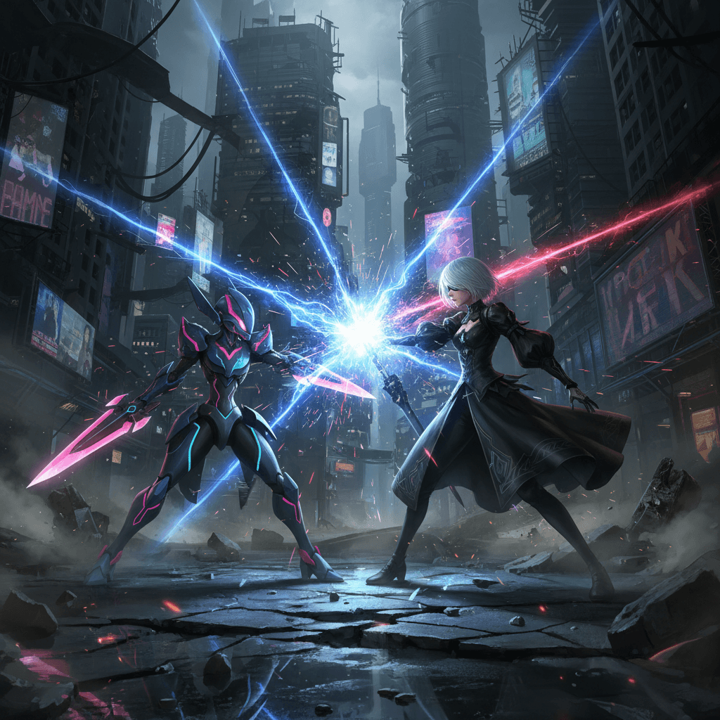 記事のタイトルと主要キャラクターを組み合わせ、対立構造を視覚的に表現しています。「機械の心」を象徴する光のエフェクトを加え、記事のテーマを強調します。