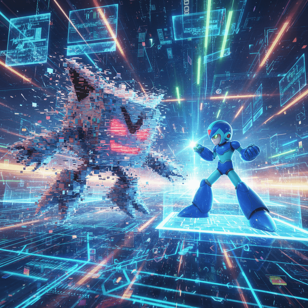 記事の冒頭で提示されている電脳空間での対決を、キャラクターの具体的な特徴を交えて表現しています。