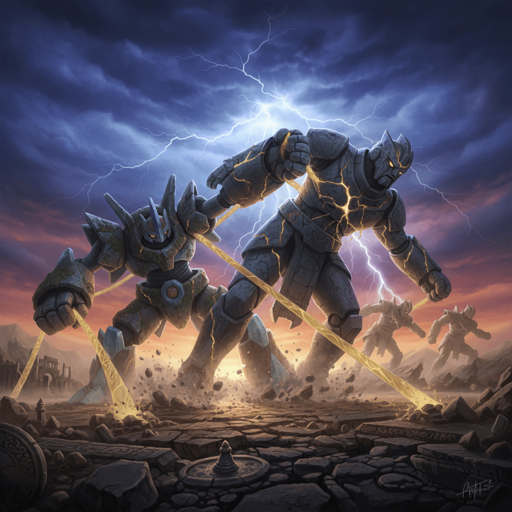 レジギガスが巨像を引っ張るシーンを描写し、記事のメインテーマである「大陸を引く怪力」と「古代の巨石」の対決を表現します。