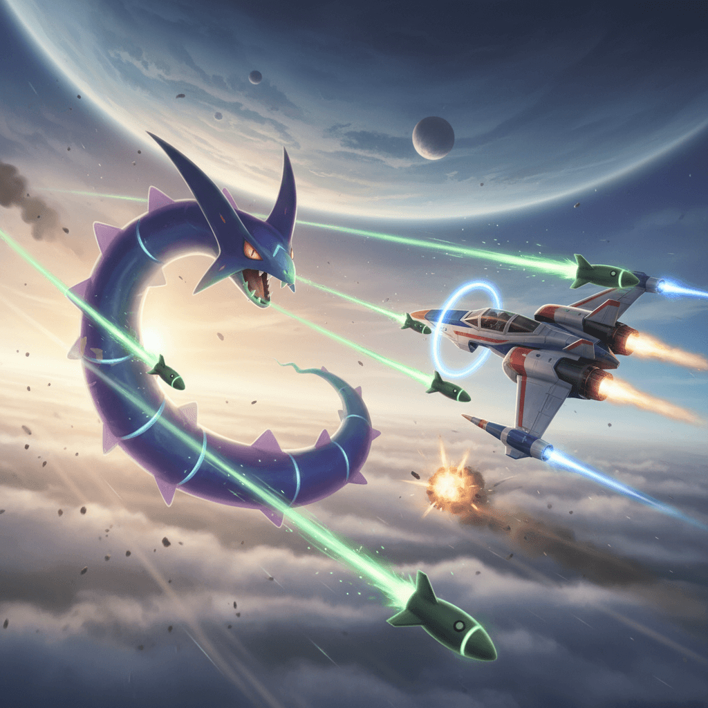 ドラパルトのドラメシヤとアーウィンのハイパーレーザーが激突する中距離戦をイメージしています。記事内における両者の武装の応酬を視覚化。