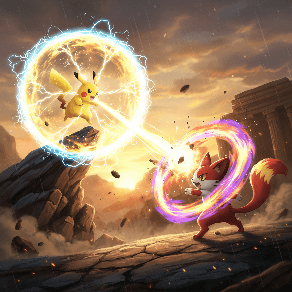 記事の冒頭のテーマである、ピカチュウとジバニャンの必殺技対決を表現しています。