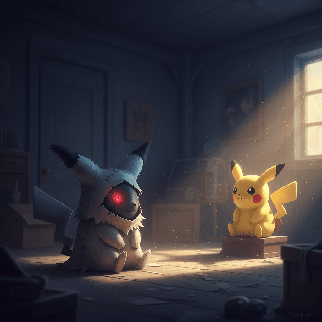 ミミッキュの「愛されたい」という孤独な感情と、ピカチュウへの憧憬、ハロウィンの寂しさを表現しています。記事の「愛されたいが故の擬態」という部分を視覚化しています。