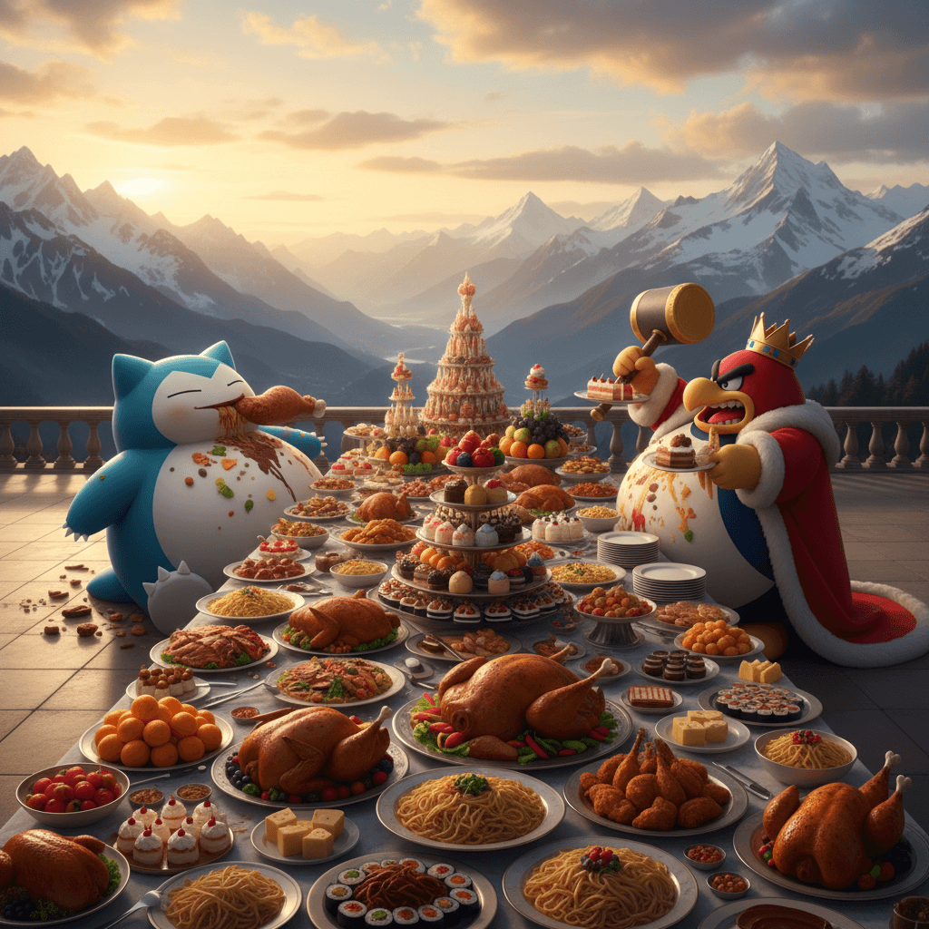 ラウンド1の「純粋な食欲対決」を表現。カビゴンとデデデ大王が大量の食べ物を前に、コミカルな雰囲気で戦っている様子を視覚化しています。