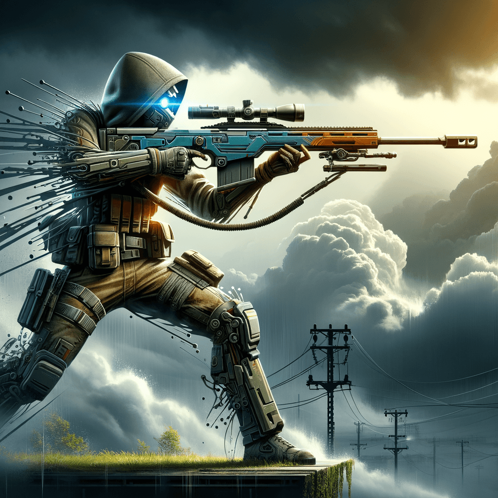 レールガンナーがスコープで敵の弱点を狙い撃ちする様子。精密な照準と、これから放たれる一撃の威力を予感させる緊張感を表現する。