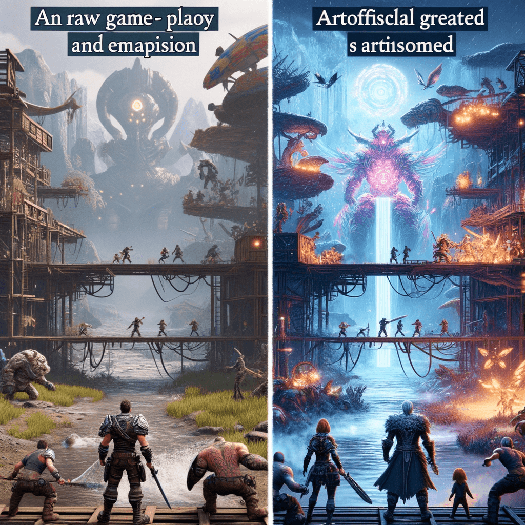 MOD導入前後のゲームプレイ比較画像。左側はシンプルなゲーム画面、右側はMODによって拡張された機能やアイテムが追加されたゲーム画面を表現し、MODの効果を視覚的に伝えます。特にインベントリの整理を強調。