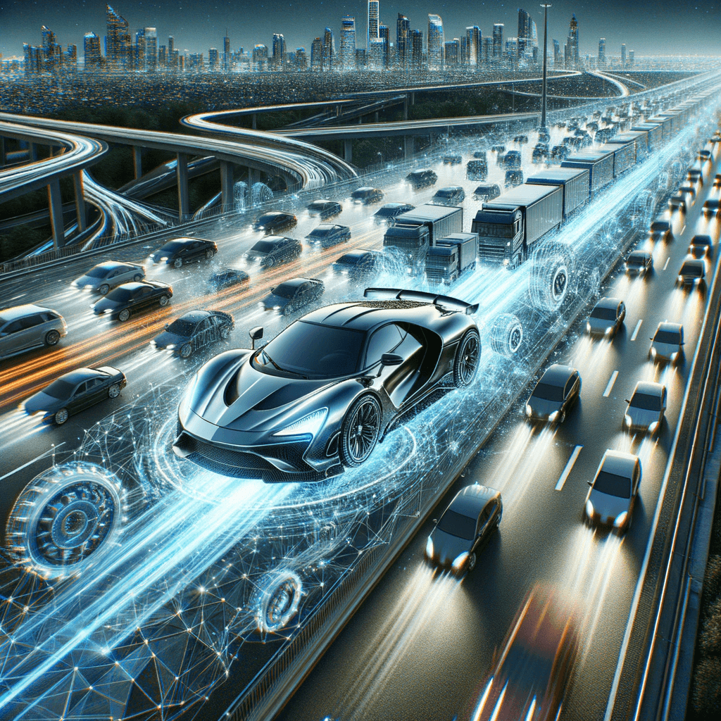 ネットワークトラフィックを車で表現し、QoSによってゲームデータ（スポーツカー）が優先レーンをスムーズに進んでいる様子。他のデータ（ダウンロード、ストリーミング）は遅い車として描かれている。