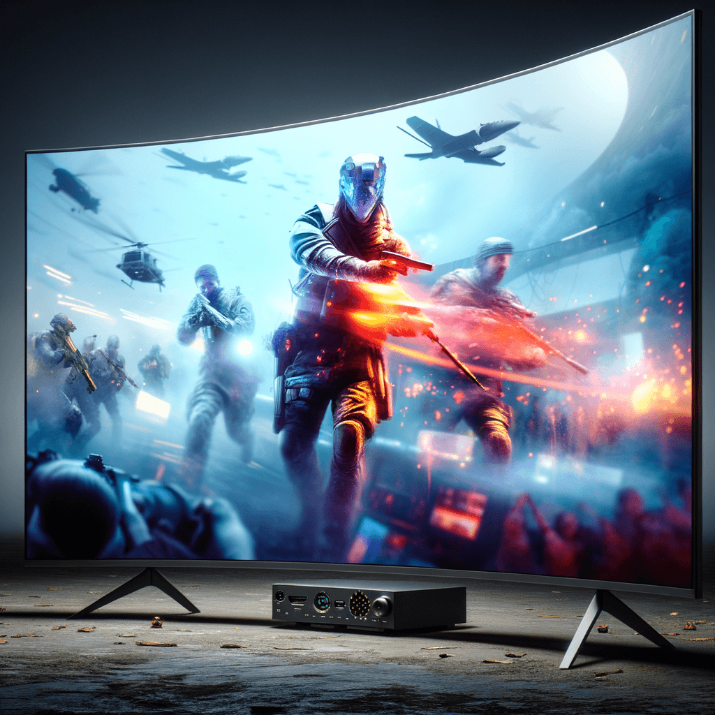 高リフレッシュレートの湾曲ゲーミングモニターでFPSゲームをプレイしている様子。滑らかな映像と高い応答速度をアピールし、モニターの重要性を示唆します。