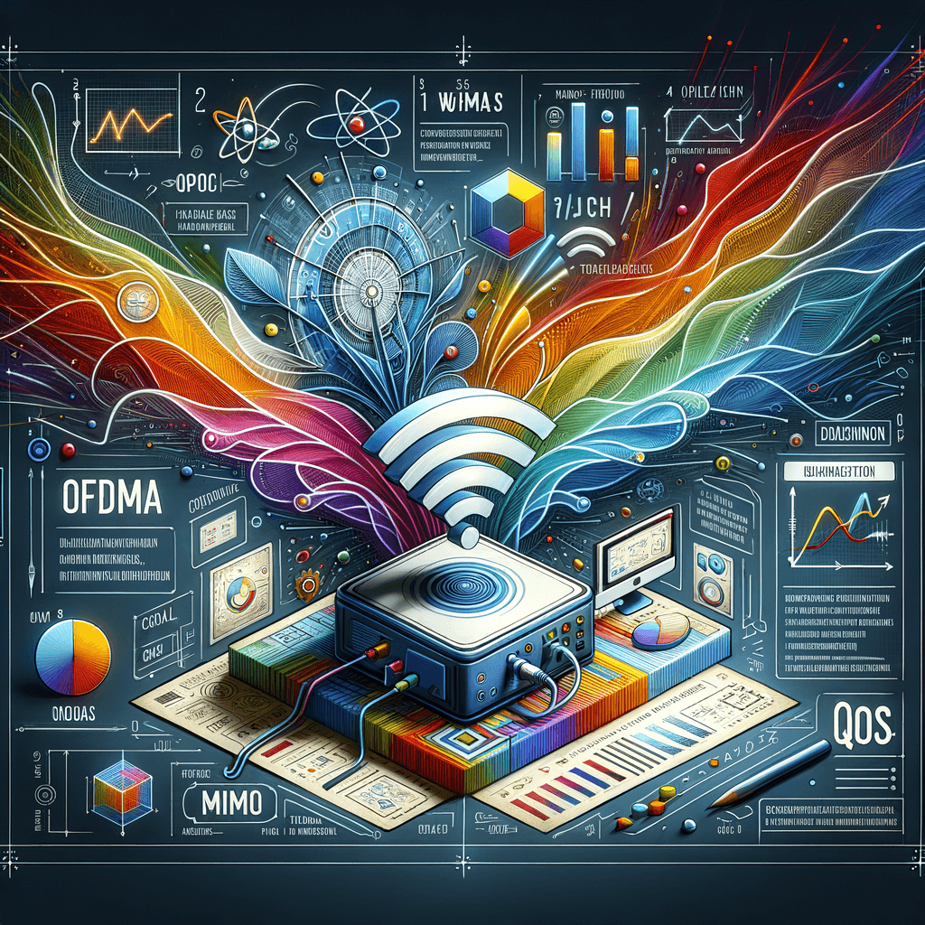 Wi-Fi 6のOFDMAとMU-MIMO技術、そしてQoS機能がゲームの通信を優先している様子を図解で表現。
