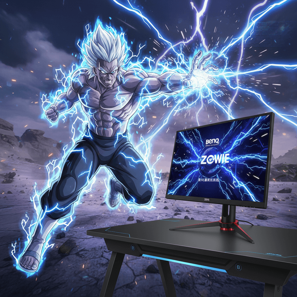 雷影の超高速アクションと、それを最大限に活かす高リフレッシュレートモニター（BenQ ZOWIE XL2546K）の重要性を視覚化しています。モーションブラーでスピード感を強調。