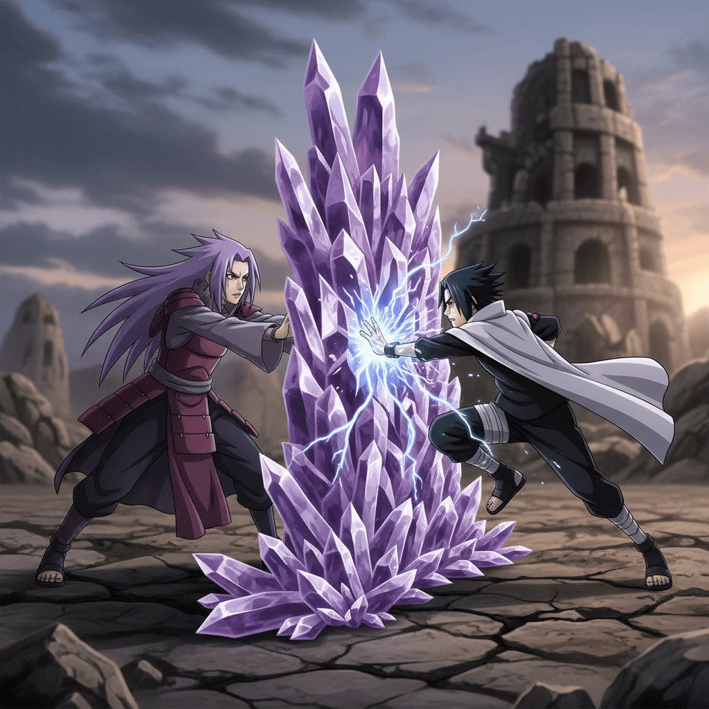 紅蓮が晶遁で壁を作り、サスケの攻撃を防ぐ戦術的なシーンを描写。防御的なゲームプレイ戦略を視覚化。