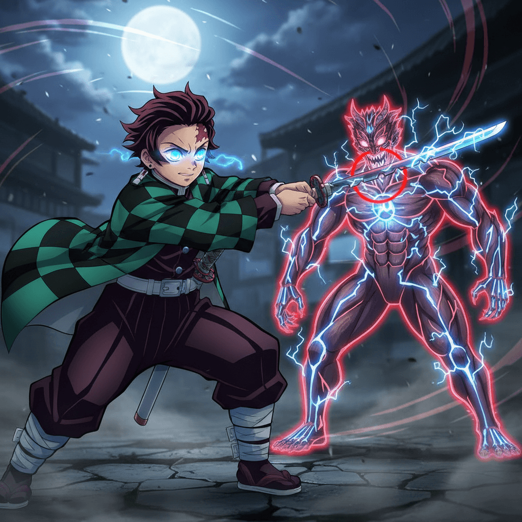 炭治郎のユニークスキル「透き通る世界」を発動する瞬間を視覚化。弱点を強調することで、スキルの効果を分かりやすく伝えます。