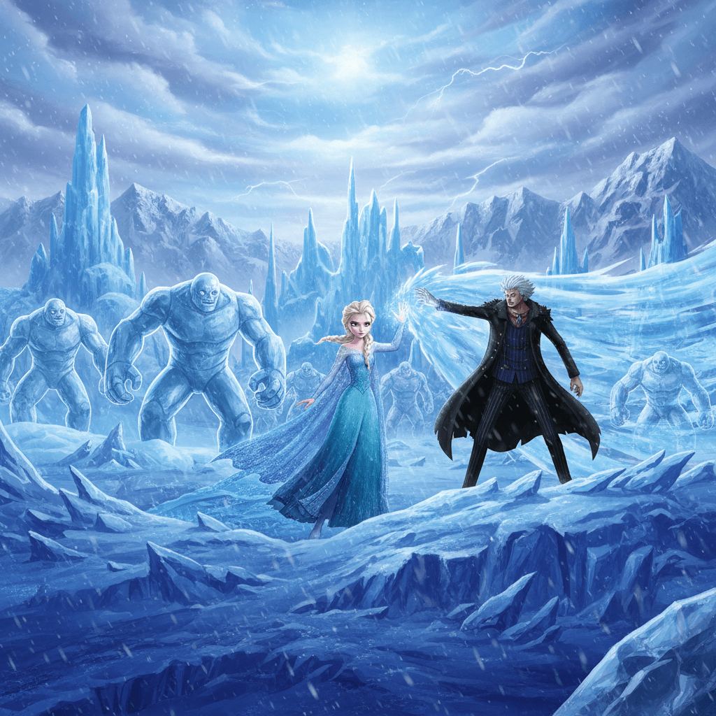 エルサの物量作戦と青キジの広範囲凍結攻撃がぶつかり合う様子を、戦略ゲームのような視点から描いています。記事中の「物量作戦（Zerg Rush）」の考察部分を視覚化。