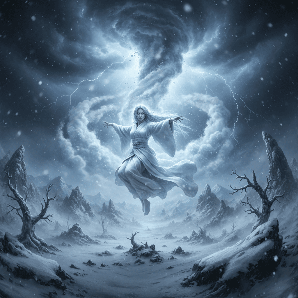 雪女が吹雪を呼び起こし、フィールド全体を支配する様子を描写することで、記事にある雪女の環境支配能力とRPGにおける役割を表現しています。背景に日本の寺を加えることで、和風ホラーの要素も加えています。