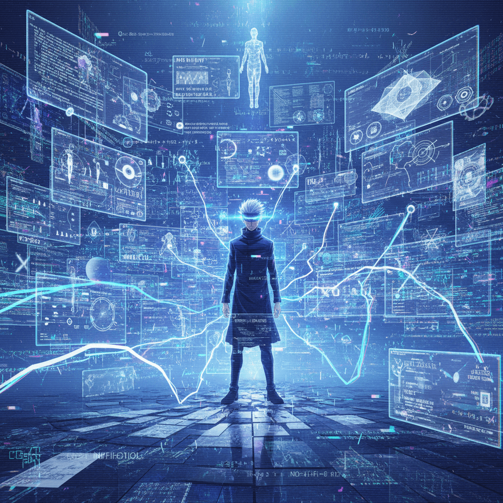 五条悟の領域展開「無量空処」による情報過多で脳が処理しきれず、PCがクラッシュするイメージ。デジタルノイズやグリッチ効果を加え、情報過多の状態を表現。