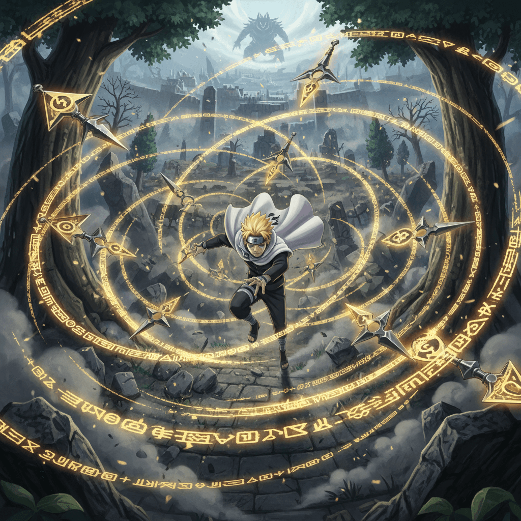 ミナトの戦術であるクナイを使ったフィールド制圧を表現し、彼の圧倒的な強さを視覚的に示唆しています。