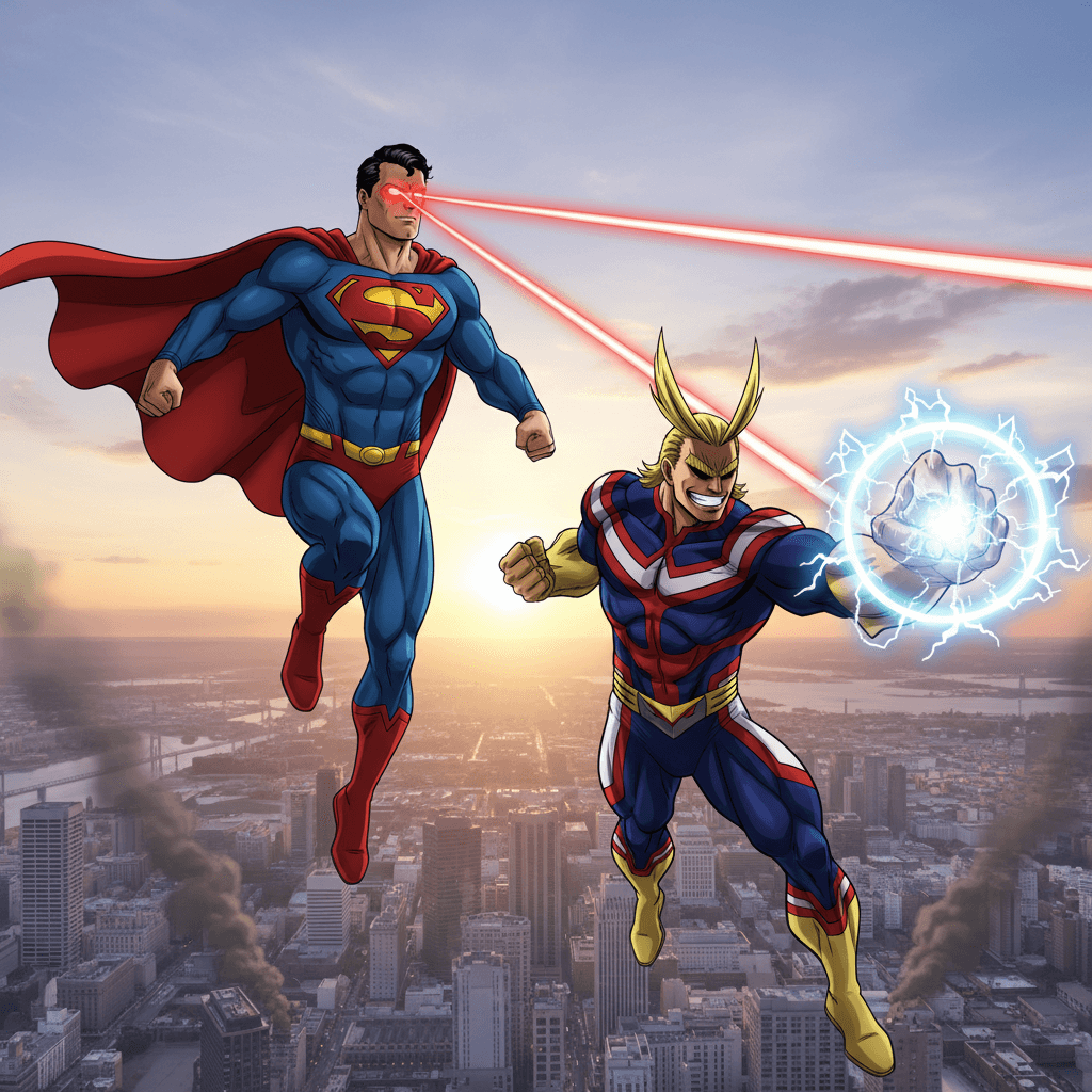 スーパーマンが空中からのヒートビジョンでオールマイトを牽制し、立ち回りでの優位性を示す様子を描写します。『Injustice』のようなステージを背景に、ゲーム的な雰囲気を高めます。