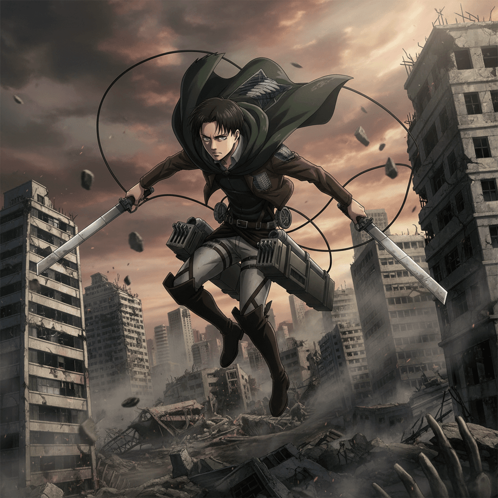 リヴァイ兵長が立体機動装置を駆使して都市部を飛び回るシーン。スピード感と機動力を強調し、記事で解説されているプレイスタイルを視覚化。