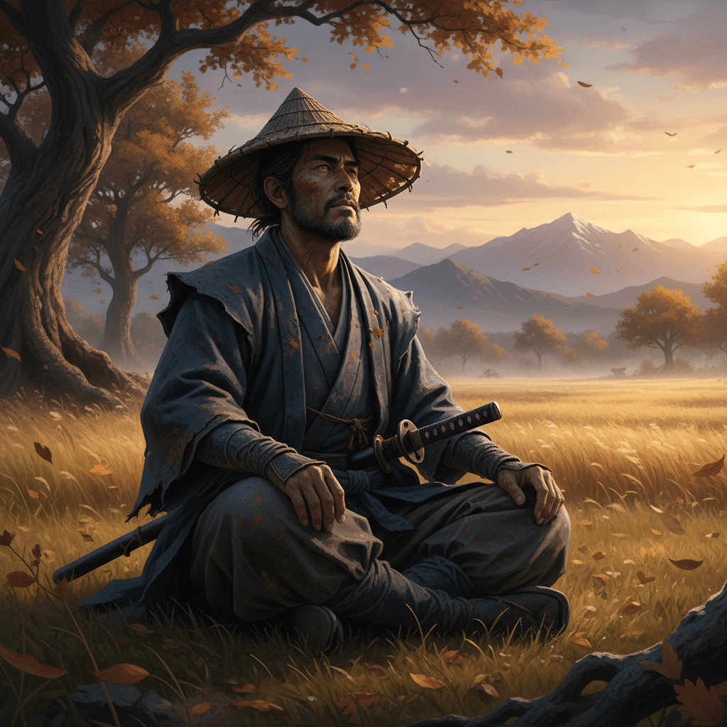 バガボンド版武蔵の精神的な成長を表現するため、自然の中で瞑想する姿を描写。水墨画のようなタッチで、彼の内面の変化と、侍ゲームの影響を示唆しています。