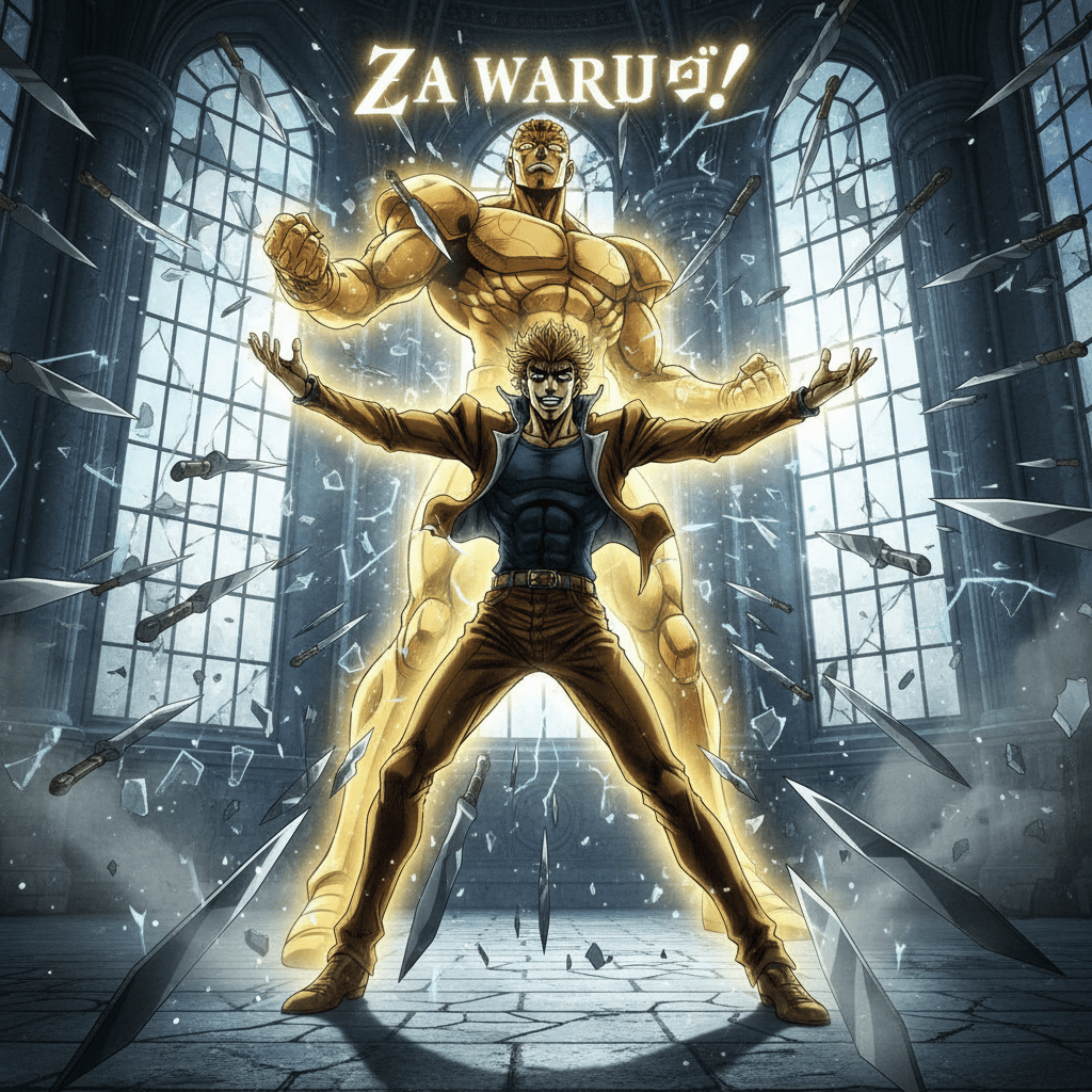 DIOの時間停止能力と、記事内の「開幕からガード不能の10割コンボ」という記述をイメージし、ザ・ワールド発動時のシーンを描写します。