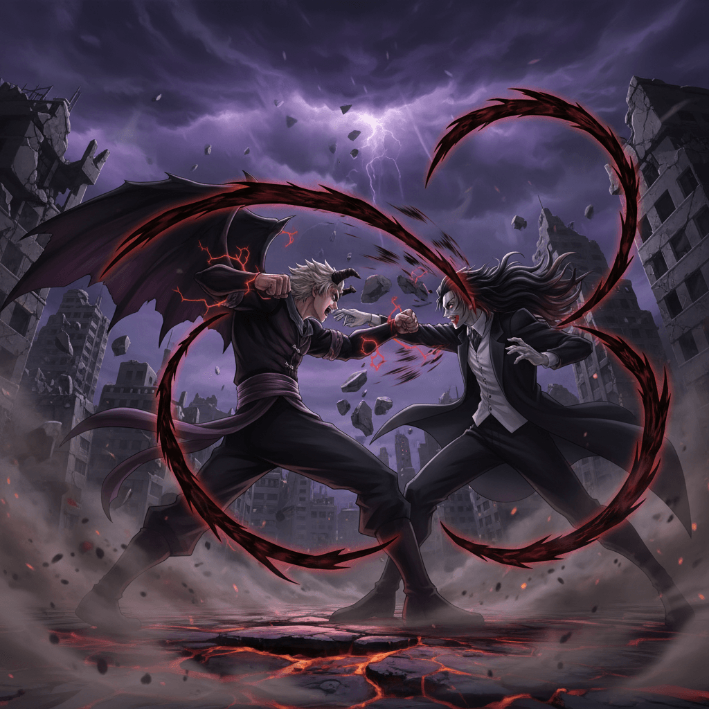 メリオダスの高火力アサルトモードと、無惨の再生能力の攻防を描写。記事後半のDPS勝負と再生能力の対比を表現しています。両作品のタイトルを含めることで、クロスオーバー感を強調しています。